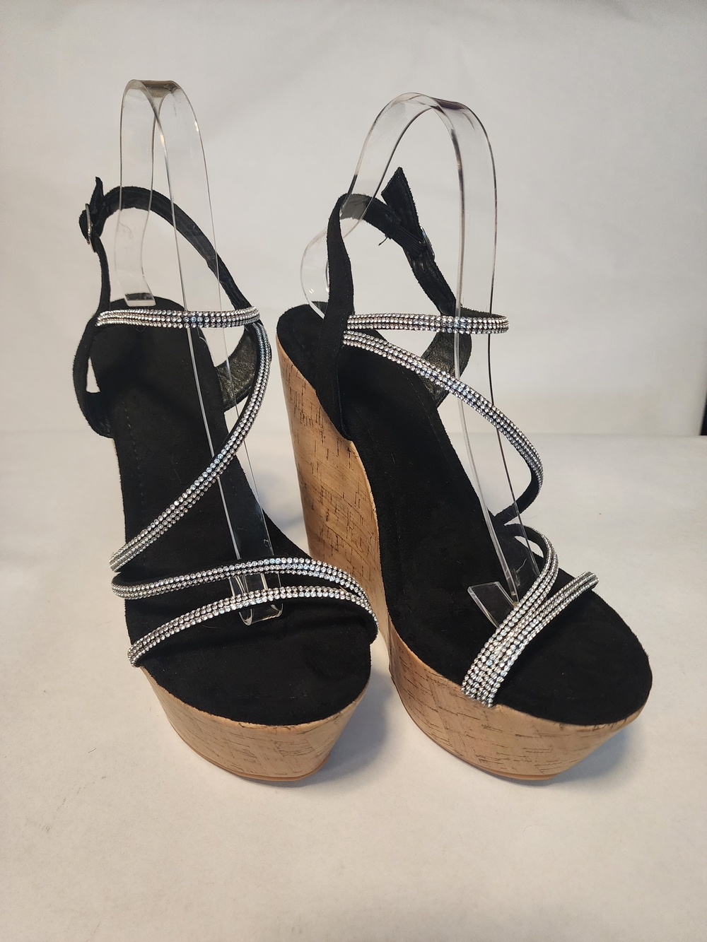 Black Rhinestone Strappy Cork Wedge Sandals - Women